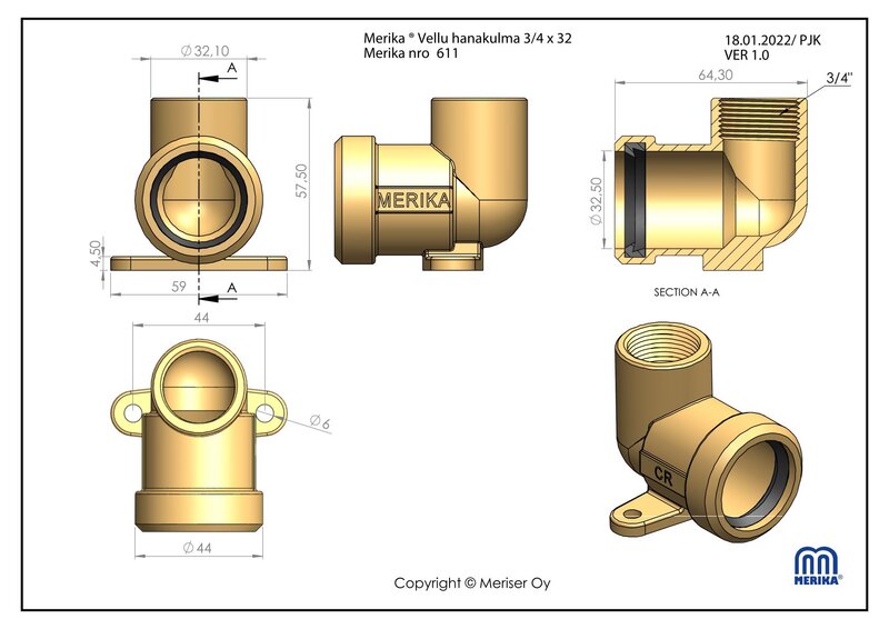 merika Pesukoneen poistokulma 3/4x32mm sk ms